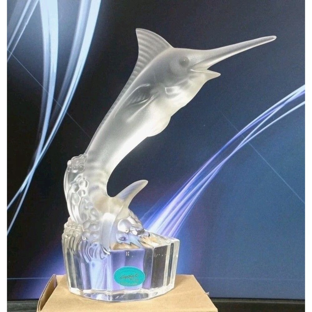 GOEBEL Frosted Crystal Swordfish Crystal‎ Figurine Clear Base Paperweight Signed